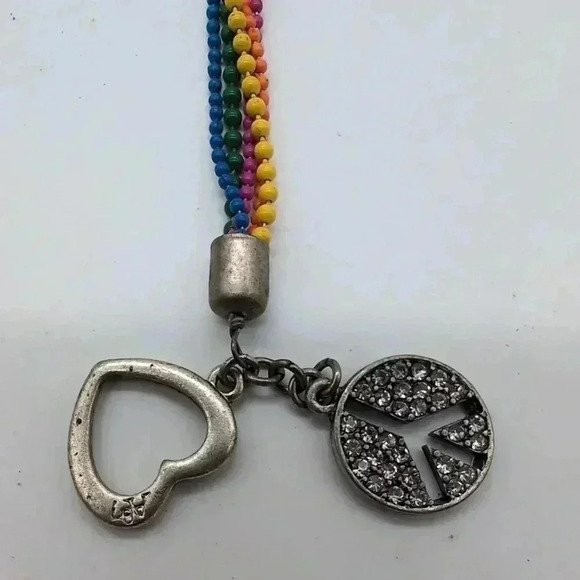 Rainbow Beaded Heart and Peace Sign Bracelet - Picture 2 of 5